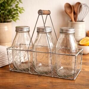 Vintage Glass Milk Bottles Wire Basket Trio Farmhouse Kitchen Decor